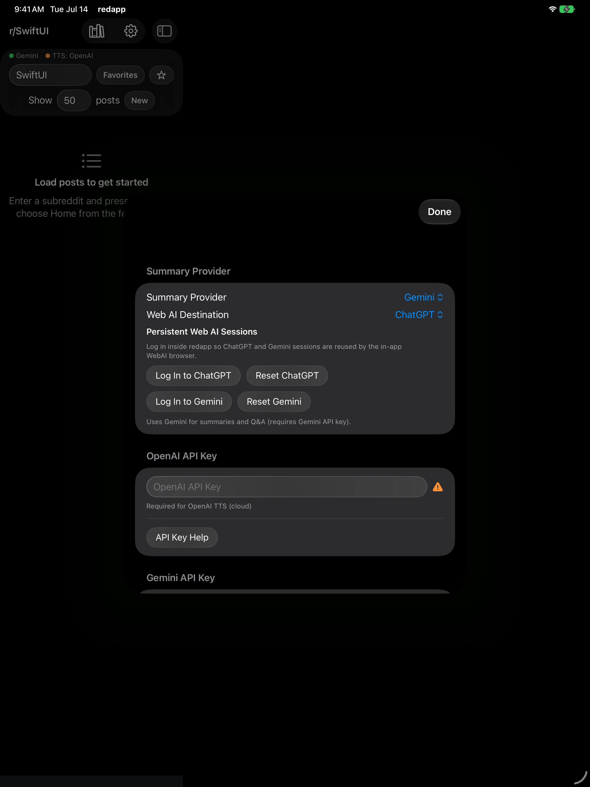 AI provider and web session settings in redapp