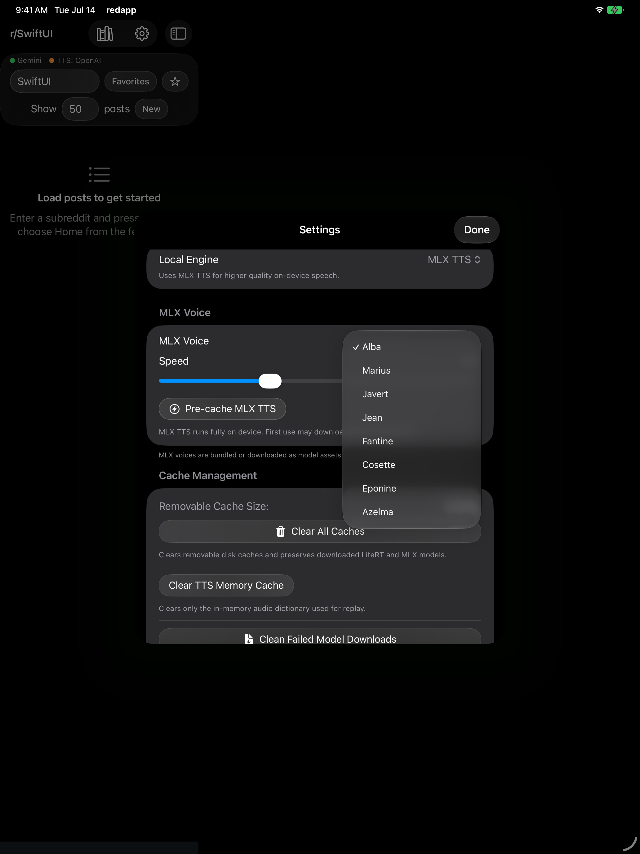 Voice selection menu in redapp