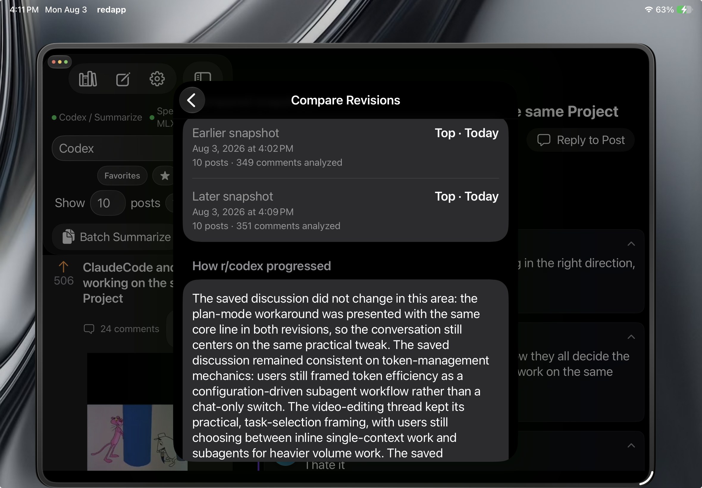 Compare Revisions view showing saved research with real content in redapp on iPad